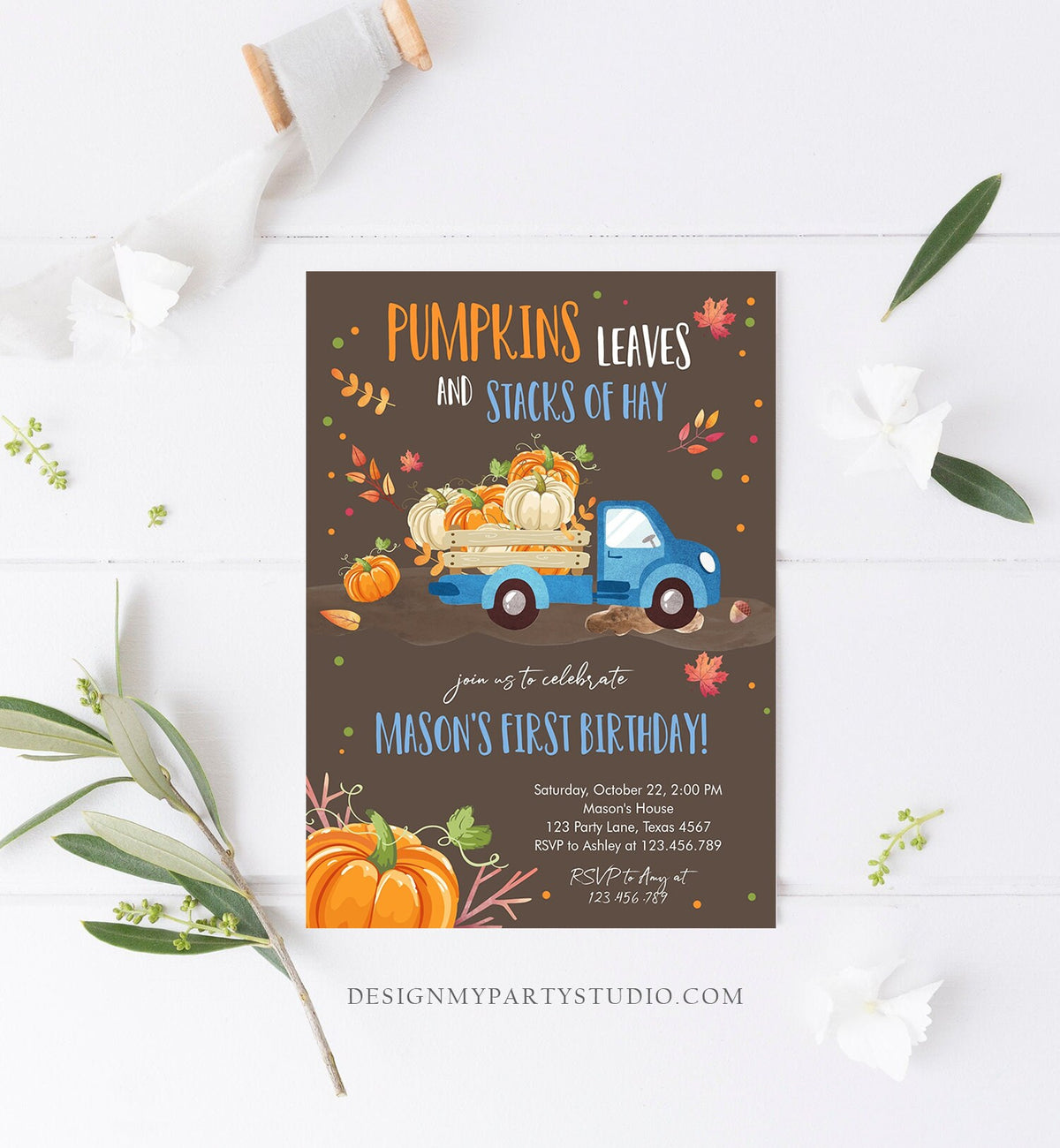 Editable Pumpkin Birthday Invitation Boy Fall Boy Pumpkin Truck Birthday Party Blue Orange Download Printable Invitation Corjl Template 0153