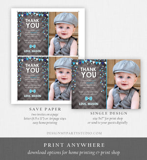 Editable Thank You Card Boy Bowtie Birthday One Green Blue Chalk Confetti First Bow Tie Download Printable Invitation Template Corjl 0071