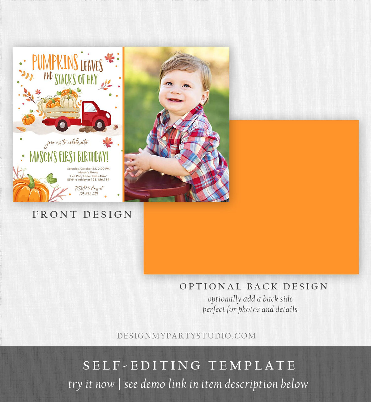 Editable Pumpkin Birthday Invite Boy Fall Boy Pumpkin Truck Birthday Party Blue Orange Download Printable Invitation Template Corjl 0153