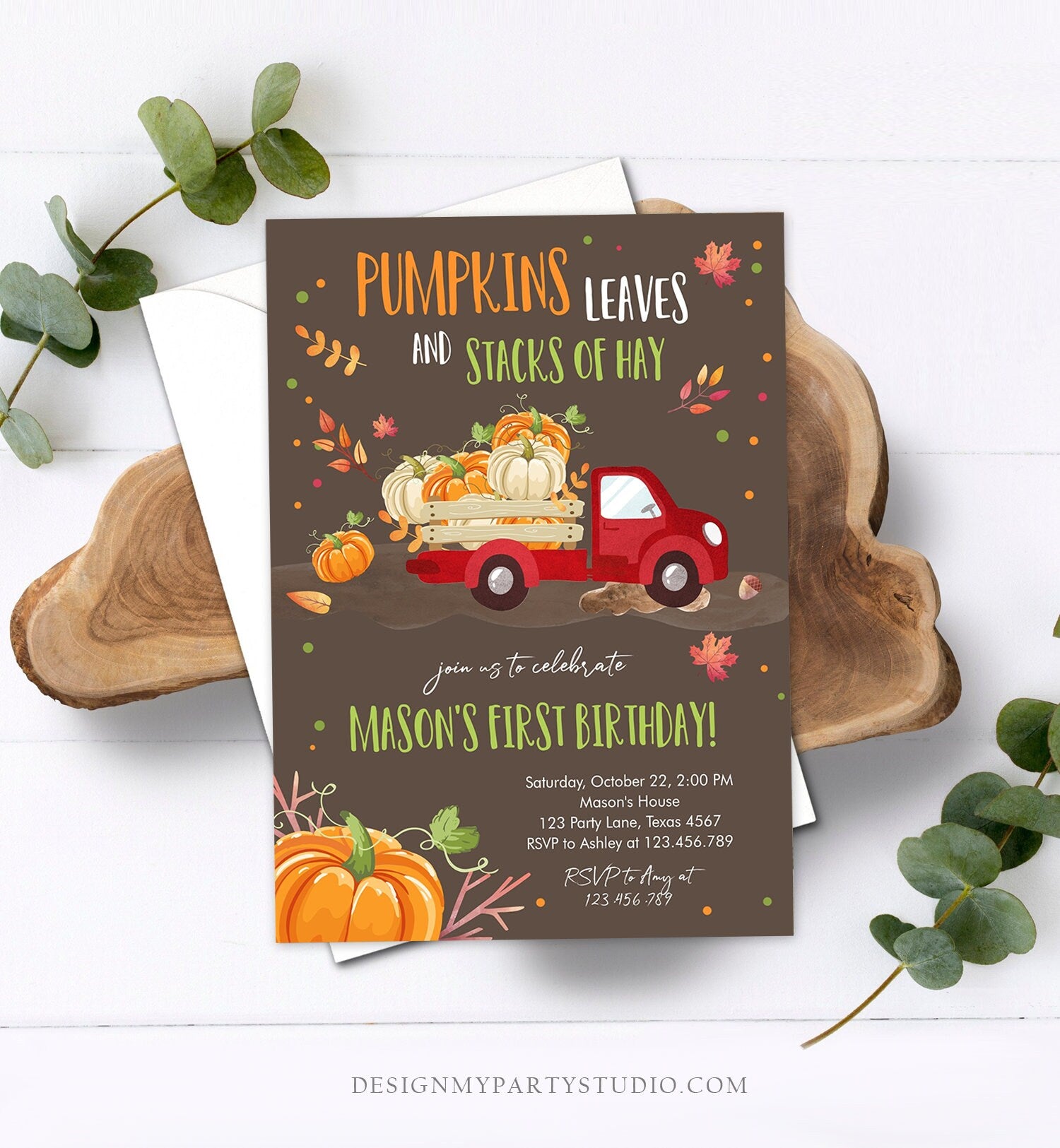 Editable Pumpkin Birthday Invite Boy Fall Pumpkin Truck Birthday Party Red Orange Green Download Printable Invitation Template Corjl 0153