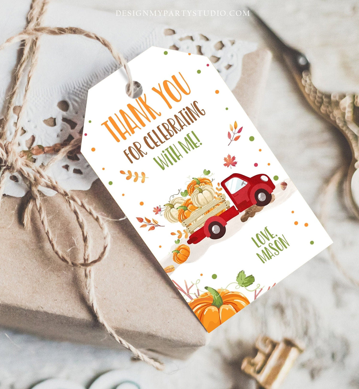 Editable Pumpkin Favor Tags Pumpkin Truck Thank you Tags Fall Autumn Label Pumpkin Birthday Boy Girl Fall Harvest Corjl Template 0153