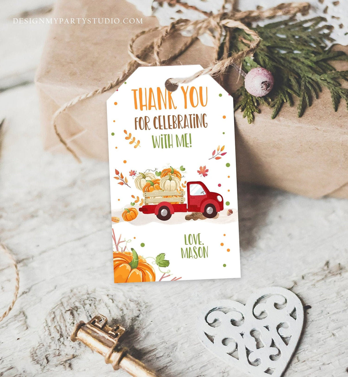 Editable Pumpkin Favor Tags Pumpkin Truck Thank you Tags Fall Autumn Label Pumpkin Birthday Boy Girl Fall Harvest Corjl Template 0153