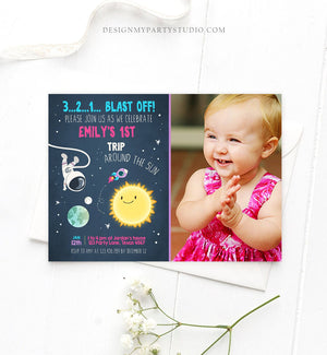 Editable Outer Space Birthday Invitation Girl Rocket Astronaut First Birthday Blast Off Download Printable Template Digital Corjl 0046