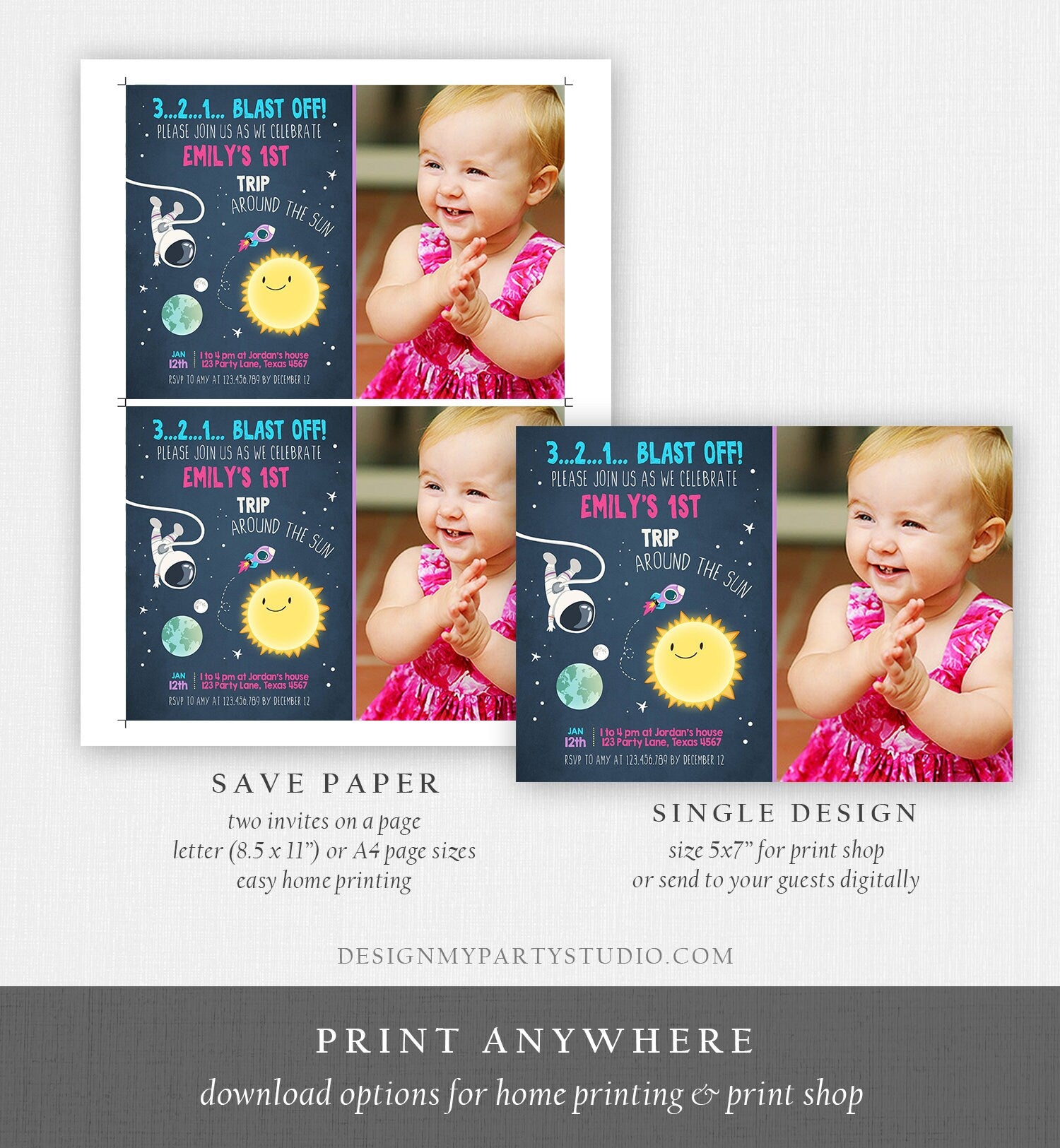 Editable Outer Space Birthday Invitation Girl Rocket Astronaut First Birthday Blast Off Download Printable Template Digital Corjl 0046