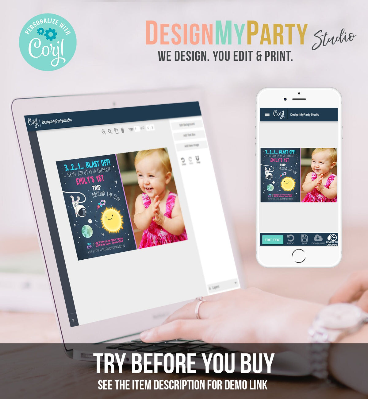 Editable Outer Space Birthday Invitation Girl Rocket Astronaut First Birthday Blast Off Download Printable Template Digital Corjl 0046