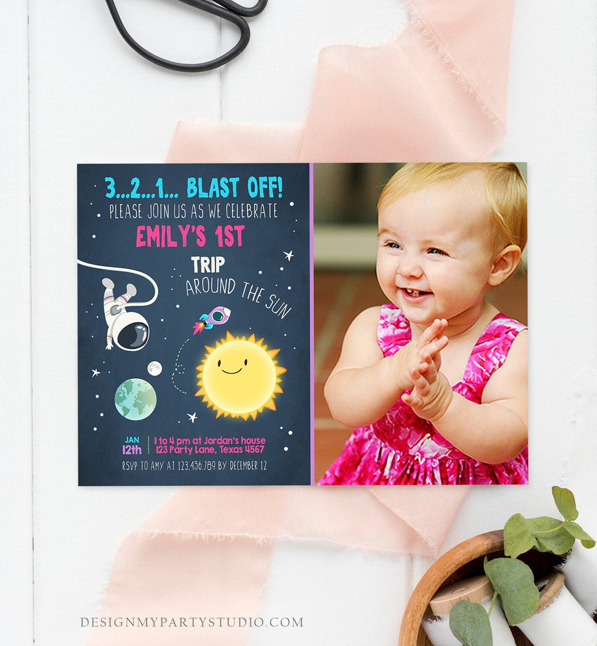 Editable Outer Space Birthday Invitation Girl Rocket Astronaut First Birthday Blast Off Download Printable Template Digital Corjl 0046