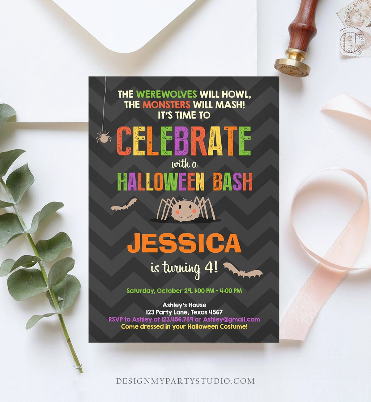 Editable Halloween Birthday Invitation Costume Party Spider Girl Download Printable Invite Template Editable Corjl Digital 0257