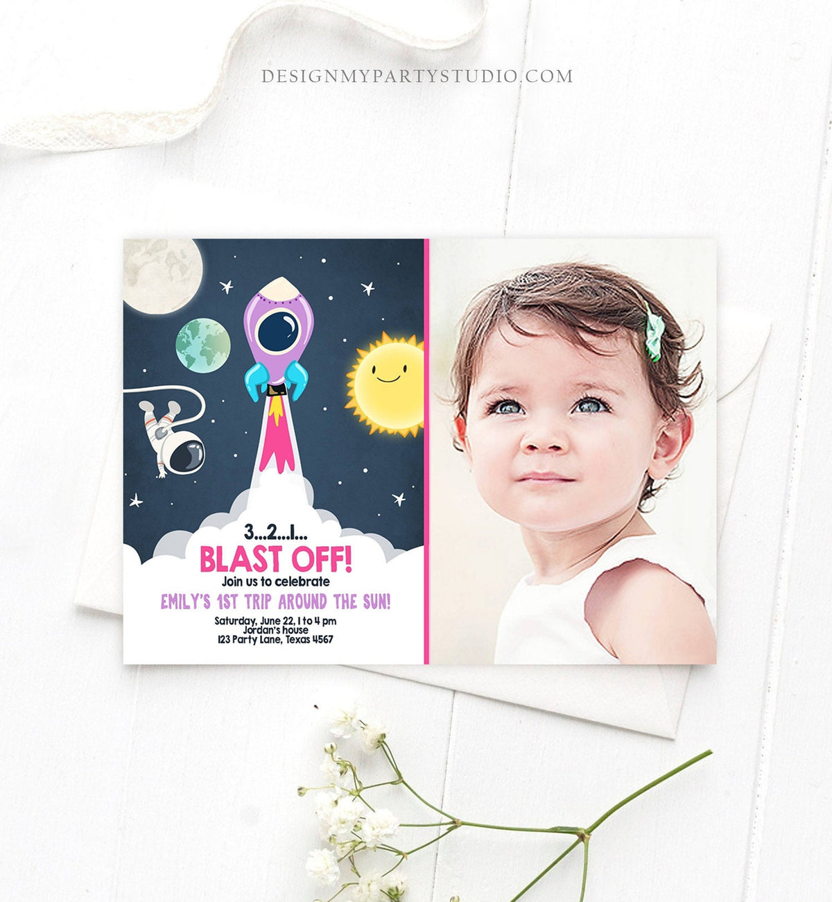 Editable Outer Space Birthday Invitation Girl Rocket Astronaut First Birthday Blast Off Download Printable Template Digital Corjl 0046