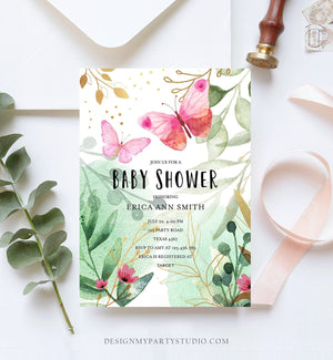Editable Butterfly Baby Shower Invitation Pink and Gold Greenery Garden Tea Party Gender Neutral Invitation Template Download Corjl 0170