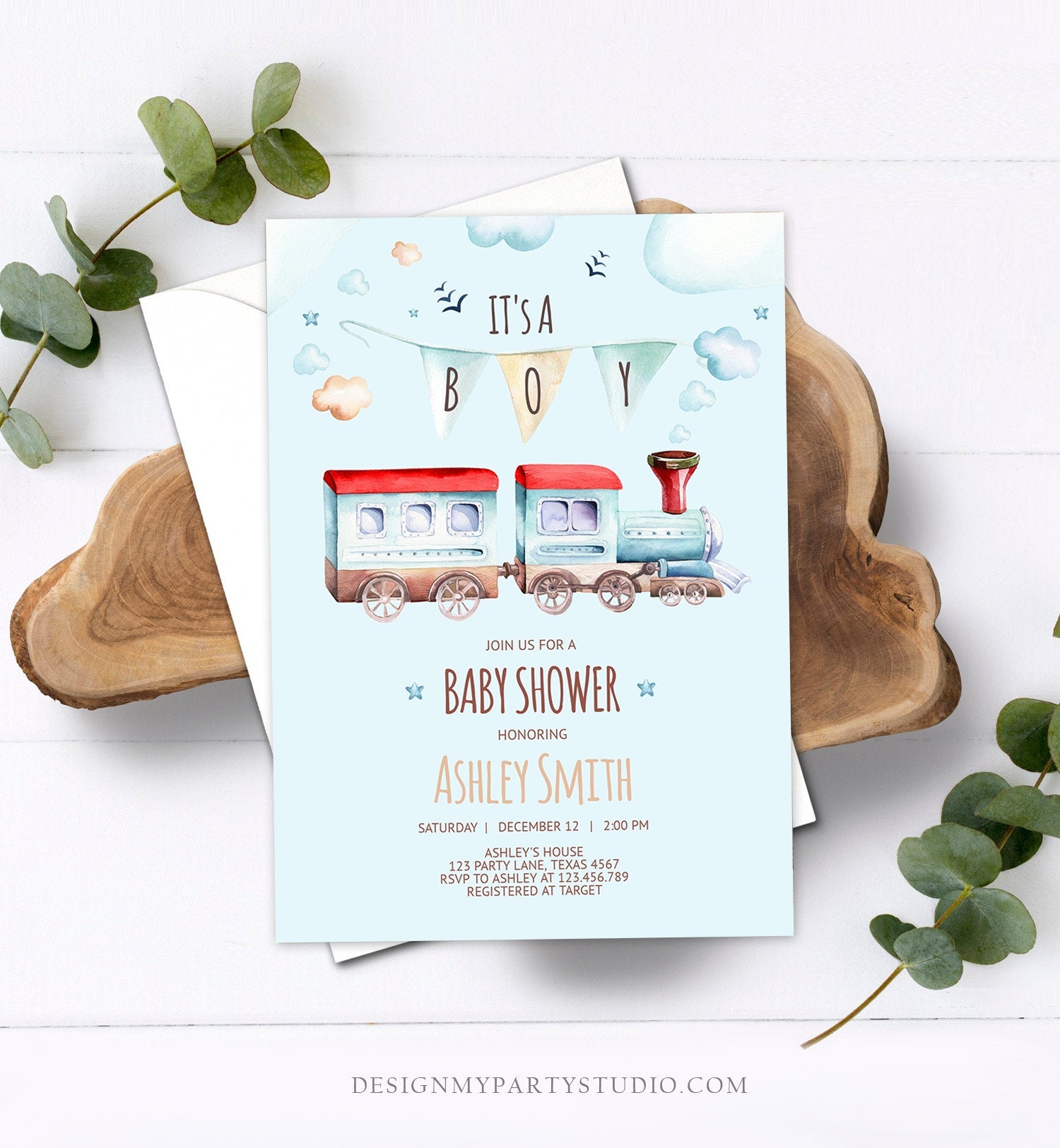 Editable Vintage Train Baby Shower Invitation Red Blue Vintage Chugga Chugga Choo Choo It's a Boy Clouds Stars Printable Template Corjl 0149