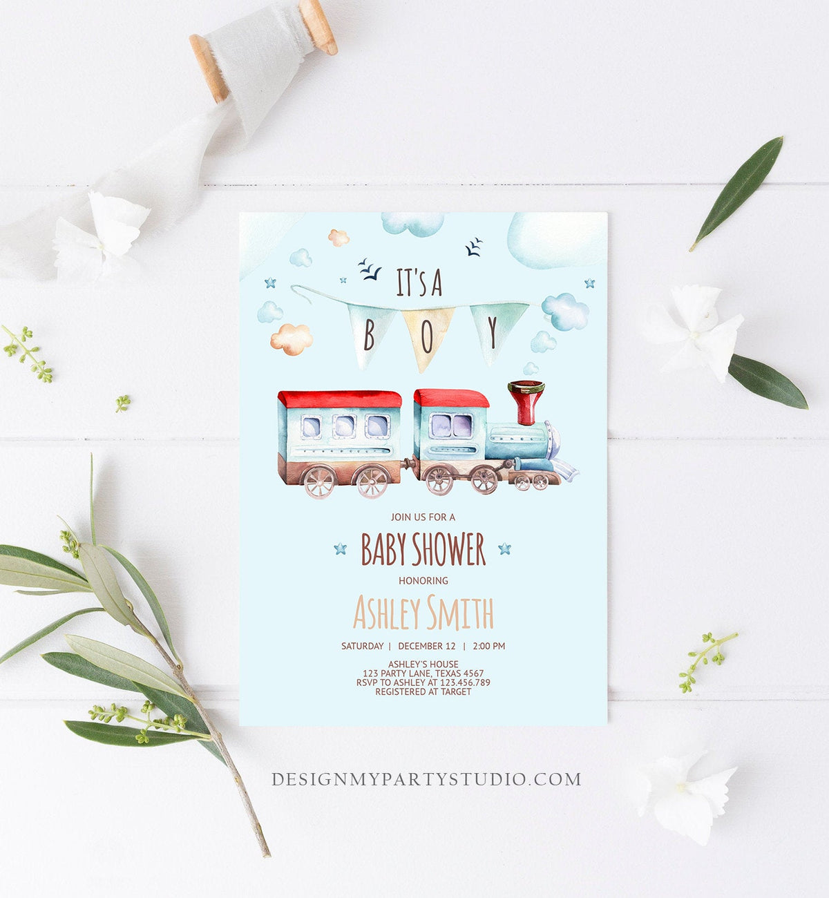 Editable Vintage Train Baby Shower Invitation Red Blue Vintage Chugga Chugga Choo Choo It&#39;s a Boy Clouds Stars Printable Template Corjl 0149