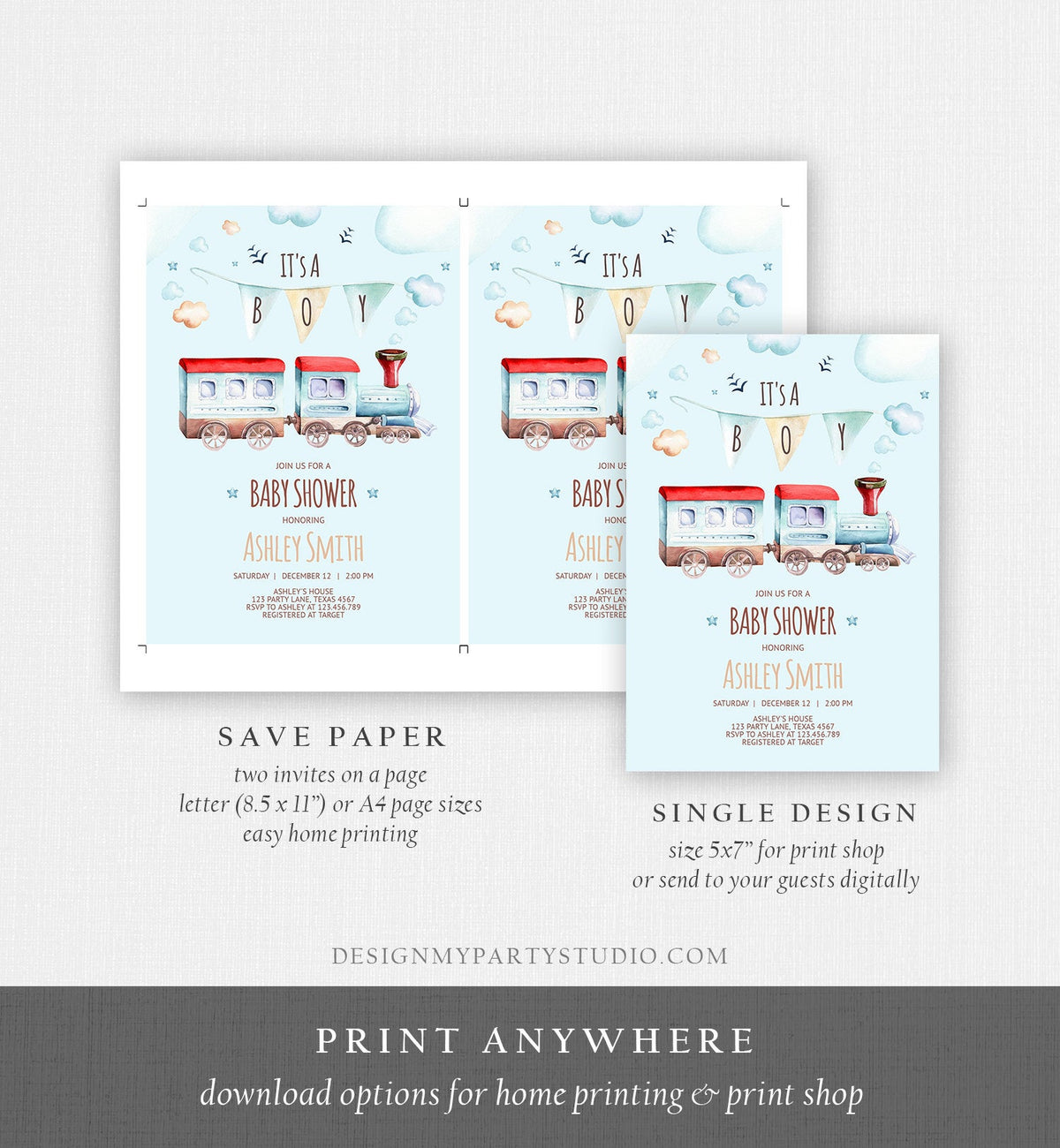 Editable Vintage Train Baby Shower Invitation Red Blue Vintage Chugga Chugga Choo Choo It&#39;s a Boy Clouds Stars Printable Template Corjl 0149