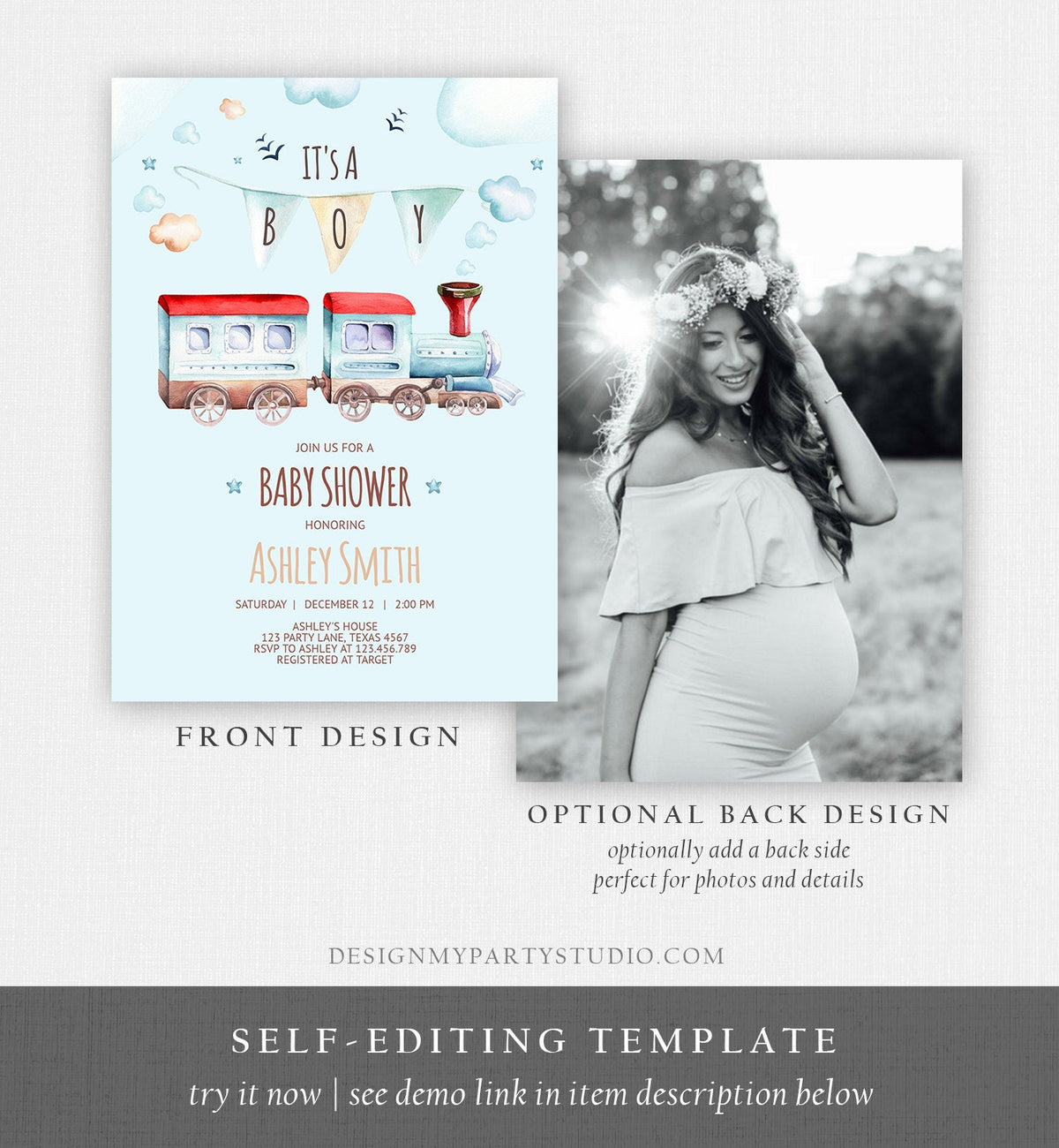 Editable Vintage Train Baby Shower Invitation Red Blue Vintage Chugga Chugga Choo Choo It&#39;s a Boy Clouds Stars Printable Template Corjl 0149