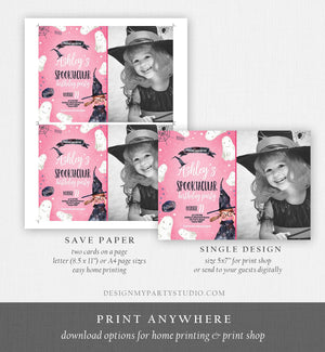 Editable Halloween Birthday Invitation Costume Party Girl Pink Kids Spooktacular Party Witch Hat Download Printable Template Corjl 0260