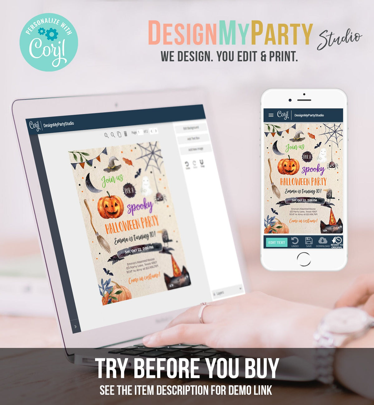 Editable Halloween Party Invitation Halloween Birthday Invitation Kids Halloween Bash Adult Download Printable Template Editable Corjl 0261