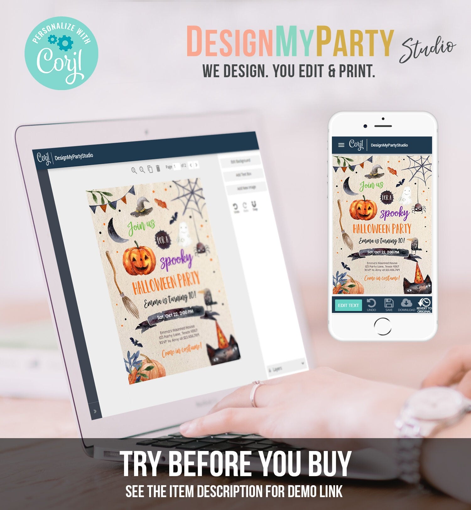 Editable Halloween Party Invitation Halloween Birthday Invitation Kids Halloween Bash Adult Download Printable Template Editable Corjl 0261