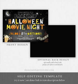 Editable Halloween Movie Night Birthday Invitation Outdoor Backyard Scary Movie Party Popcorn Spooktacular Pumpkin Template Corjl 0180