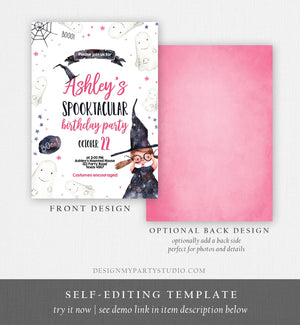 Editable Spooktacular Halloween Birthday Invitation Costume Party Kids Girl Pink Witch Hat Party Download Printable Template Corjl 0260