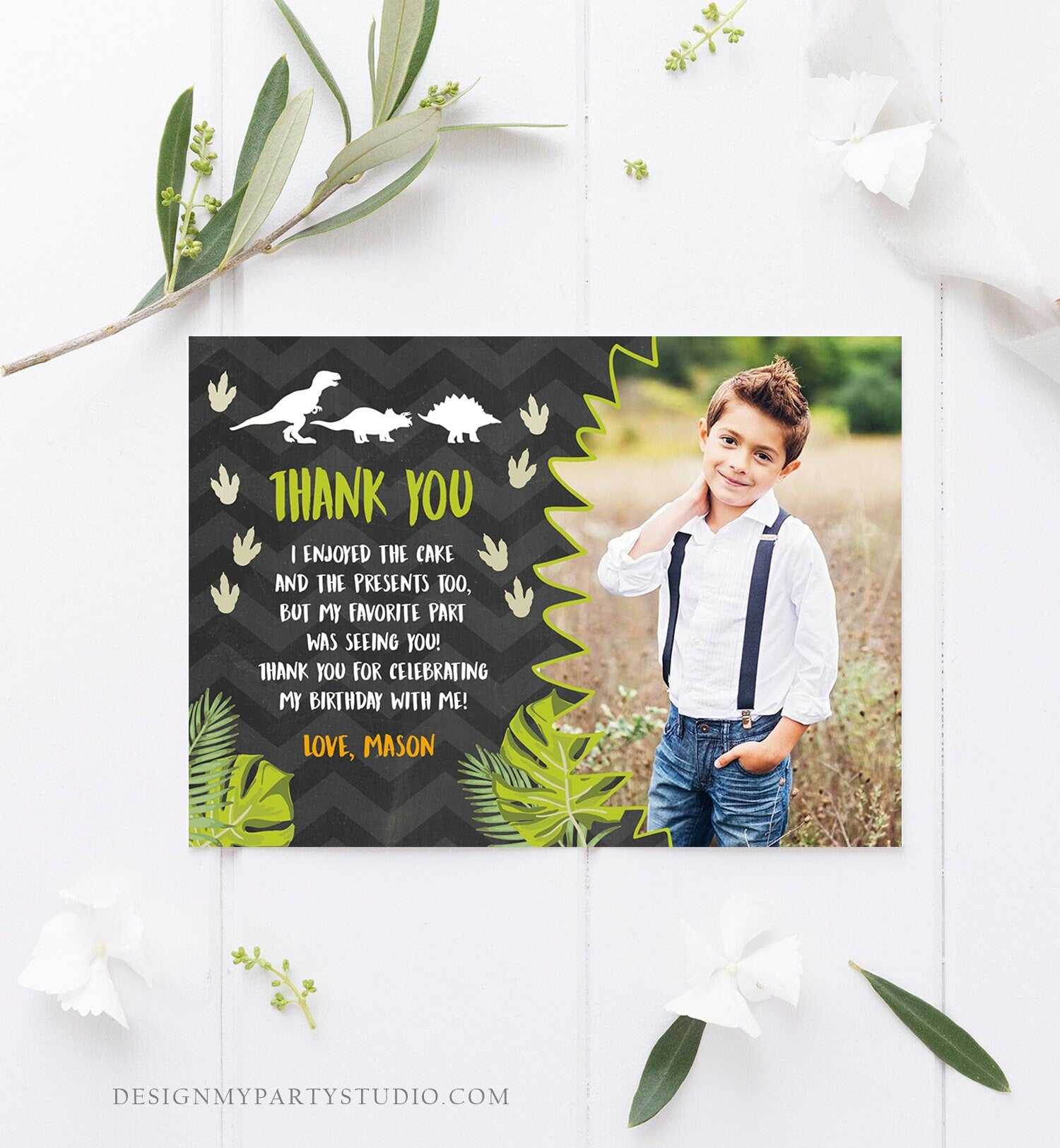 Editable Dinosaur Thank You Card Boy Prehistoric Dino Dig Party T-Rex Note Photo Chalk Digital Download Printable Template Corjl 0043