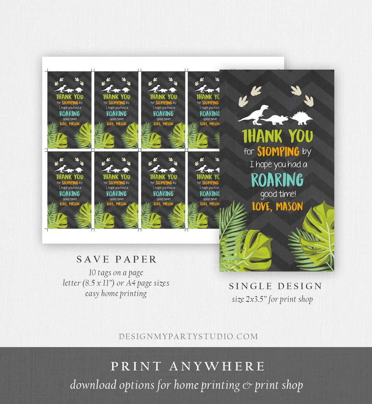 Editable Dinosaur Favor Tags Thank You For Stomping By Dino Chalk Boy Birthday Party Instant Digital Download Template Corjl Printable 0043