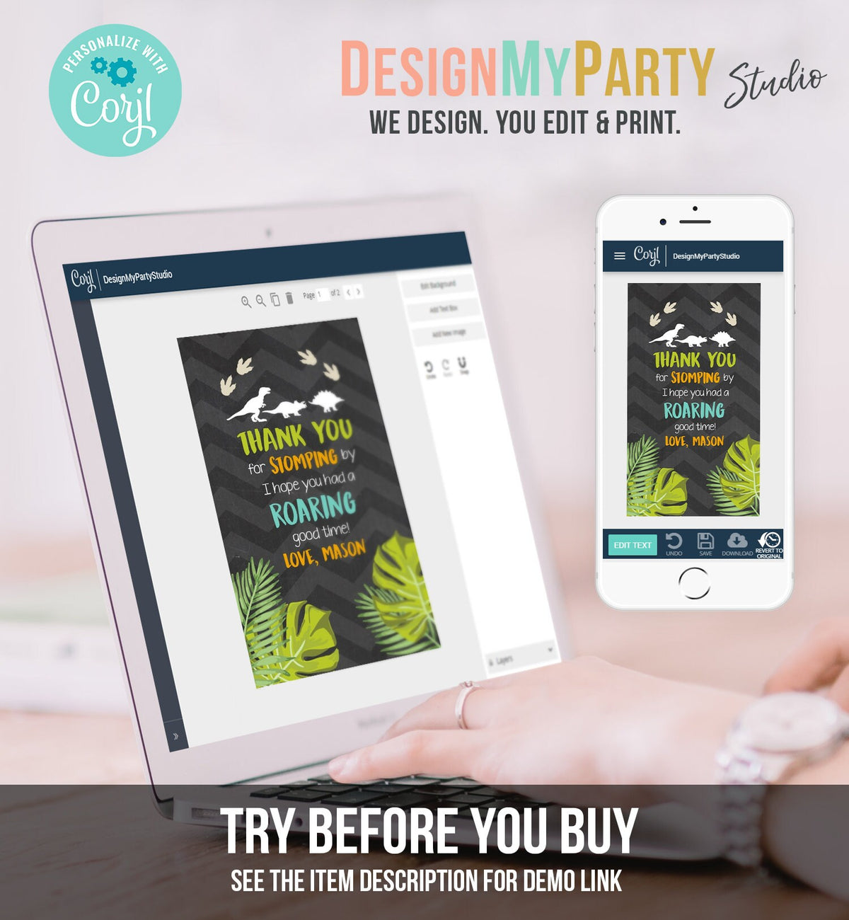 Editable Dinosaur Favor Tags Thank You For Stomping By Dino Chalk Boy Birthday Party Instant Digital Download Template Corjl Printable 0043