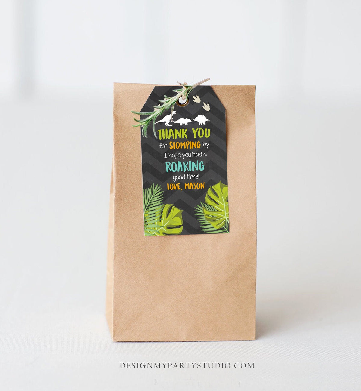 Editable Dinosaur Favor Tags Thank You For Stomping By Dino Chalk Boy Birthday Party Instant Digital Download Template Corjl Printable 0043