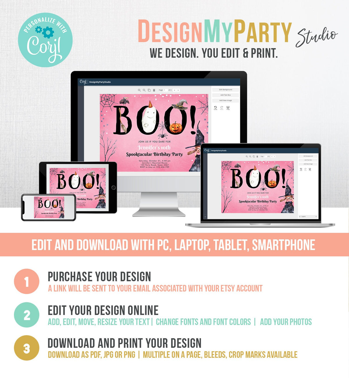 Editable Halloween Birthday Invitation Costume Party Girl Pink Kids Spooktacular Witch Hat Party Download Printable Template Corjl 0261