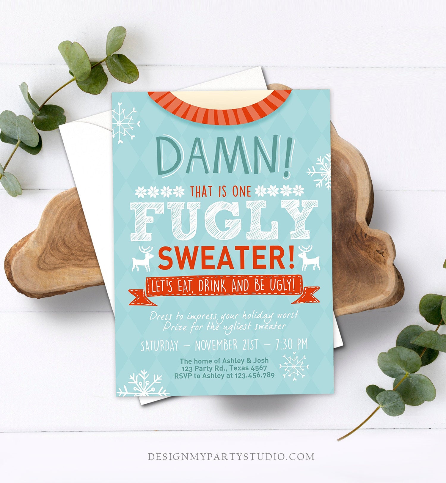 Editable Christmas Ugly Sweater Party Invitation Christmas Sweater Invitation Ugliest Blue Download Printable Invitation Template Corjl 0053