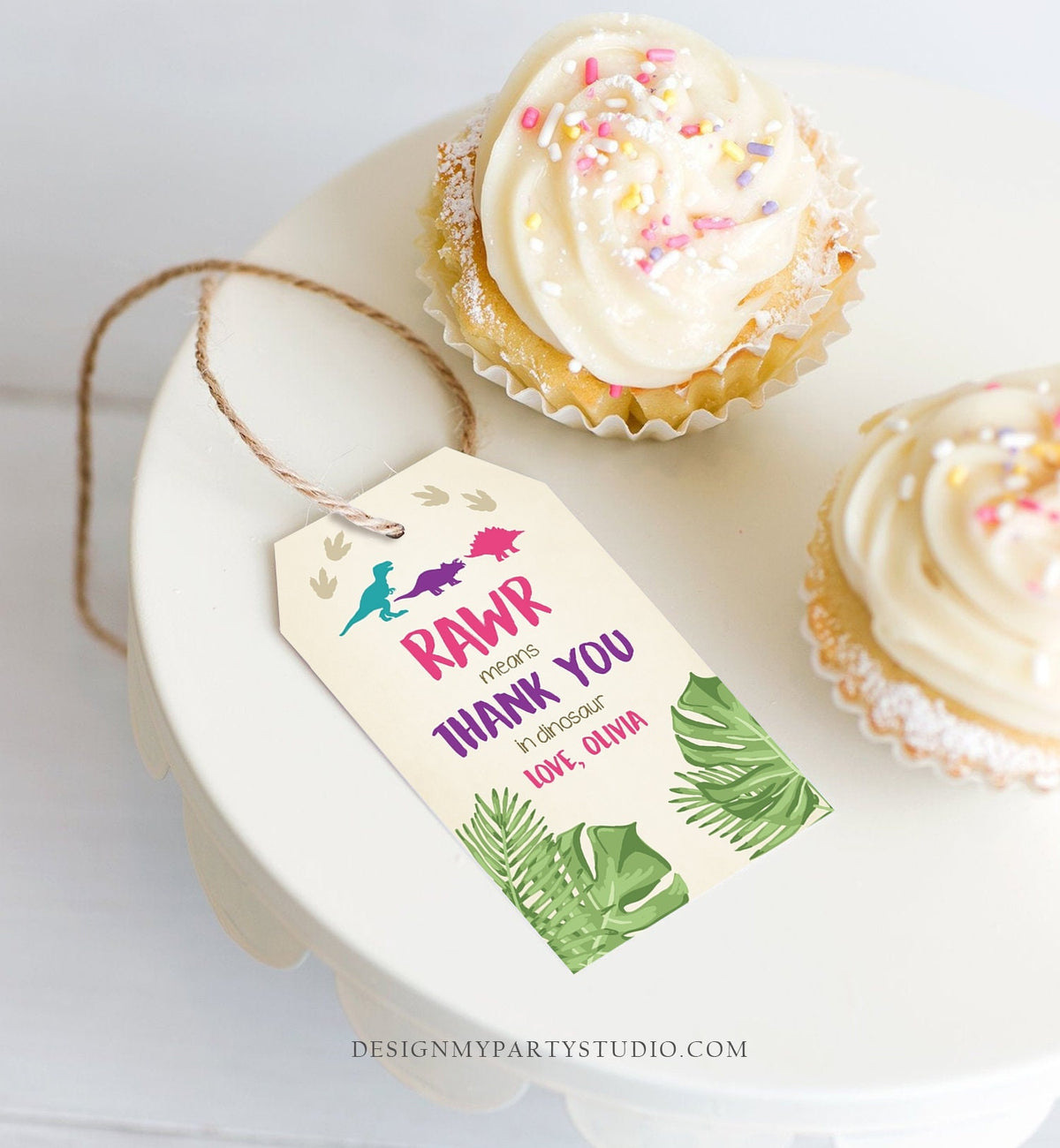 Editable Dinosaur Favor Tags Thank You For Stomping By Dino Pink Girl RAWR Roaring Instant Digital Download Template Corjl Printable 0043