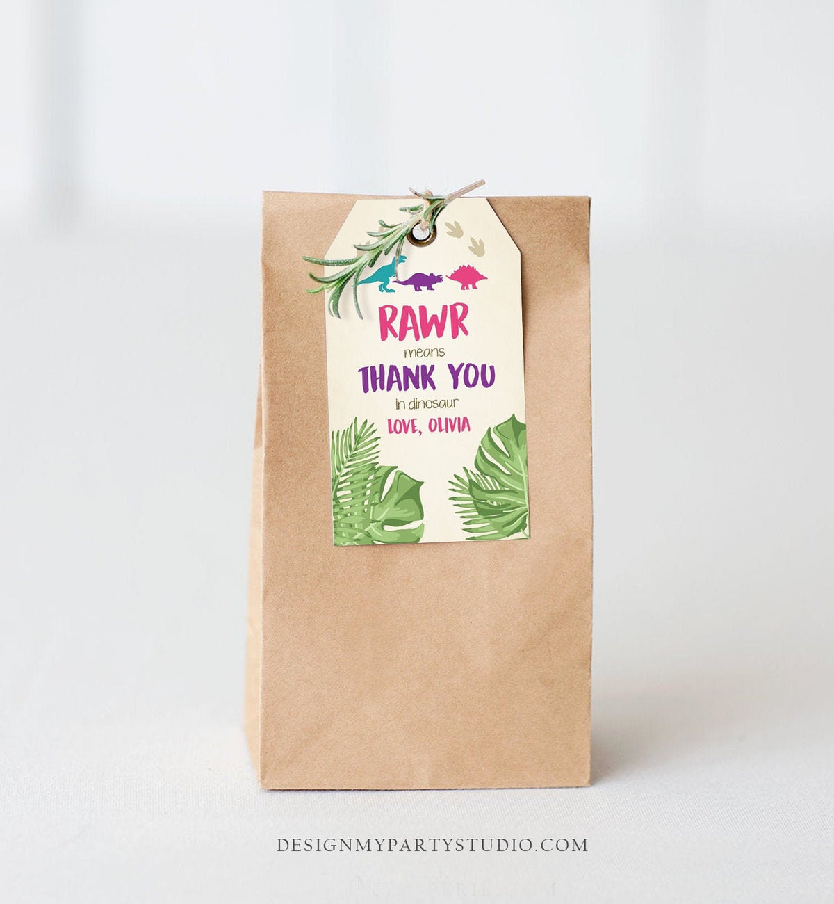 Editable Dinosaur Favor Tags Thank You For Stomping By Dino Pink Girl RAWR Roaring Instant Digital Download Template Corjl Printable 0043