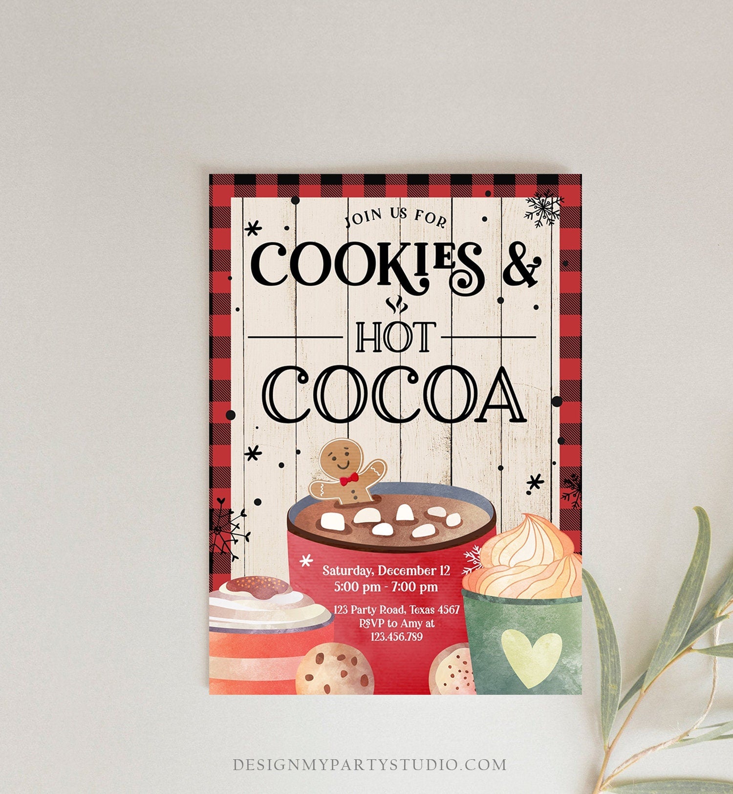 Editable Cookies and Cocoa Invitation Hot Cocoa Party Invite Hot Chocolate Birthday Lumberjack Plaid Download Printable Template Corjl 0262