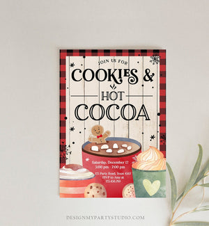 Editable Cookies and Cocoa Invitation Hot Cocoa Party Invite Hot Chocolate Birthday Lumberjack Plaid Download Printable Template Corjl 0262