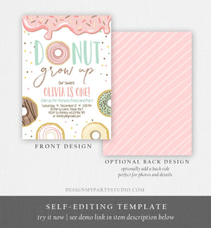 Editable Donut Grow Up Birthday Invitation First Birthday Party Pink Girl Doughnut Sweet Digital Download Printable Template Corjl 0320