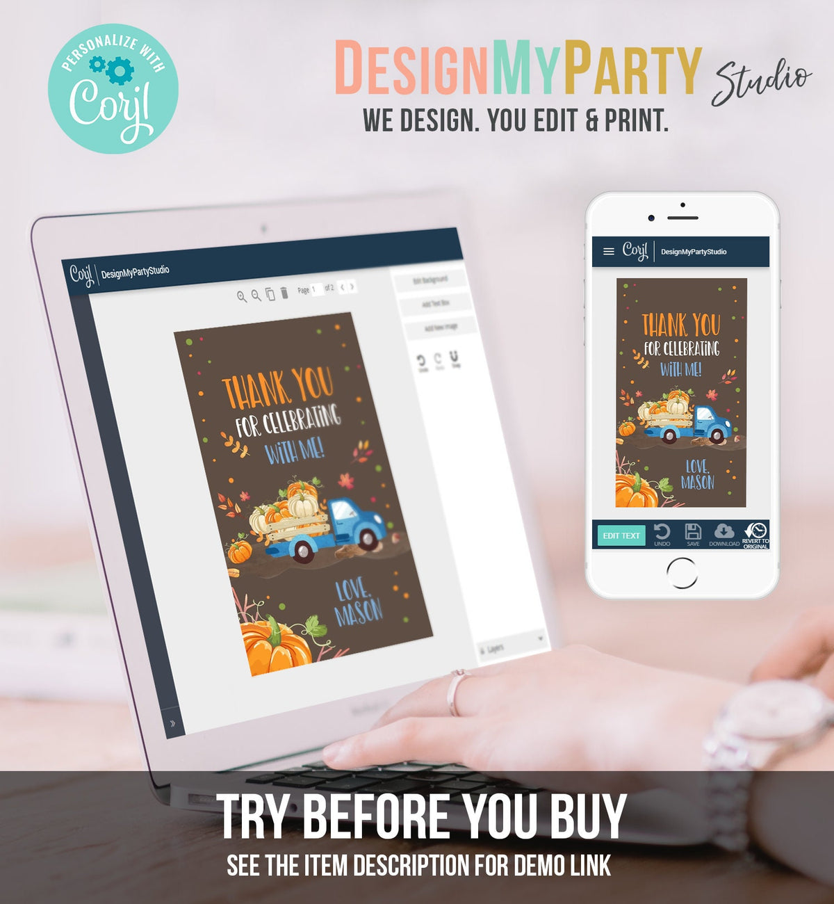 Editable Pumpkin Favor Tags Pumpkin Truck Thank you Tags Fall Autumn Label Pumpkin Birthday Boy Blue Fall Harvest Corjl Template 0153