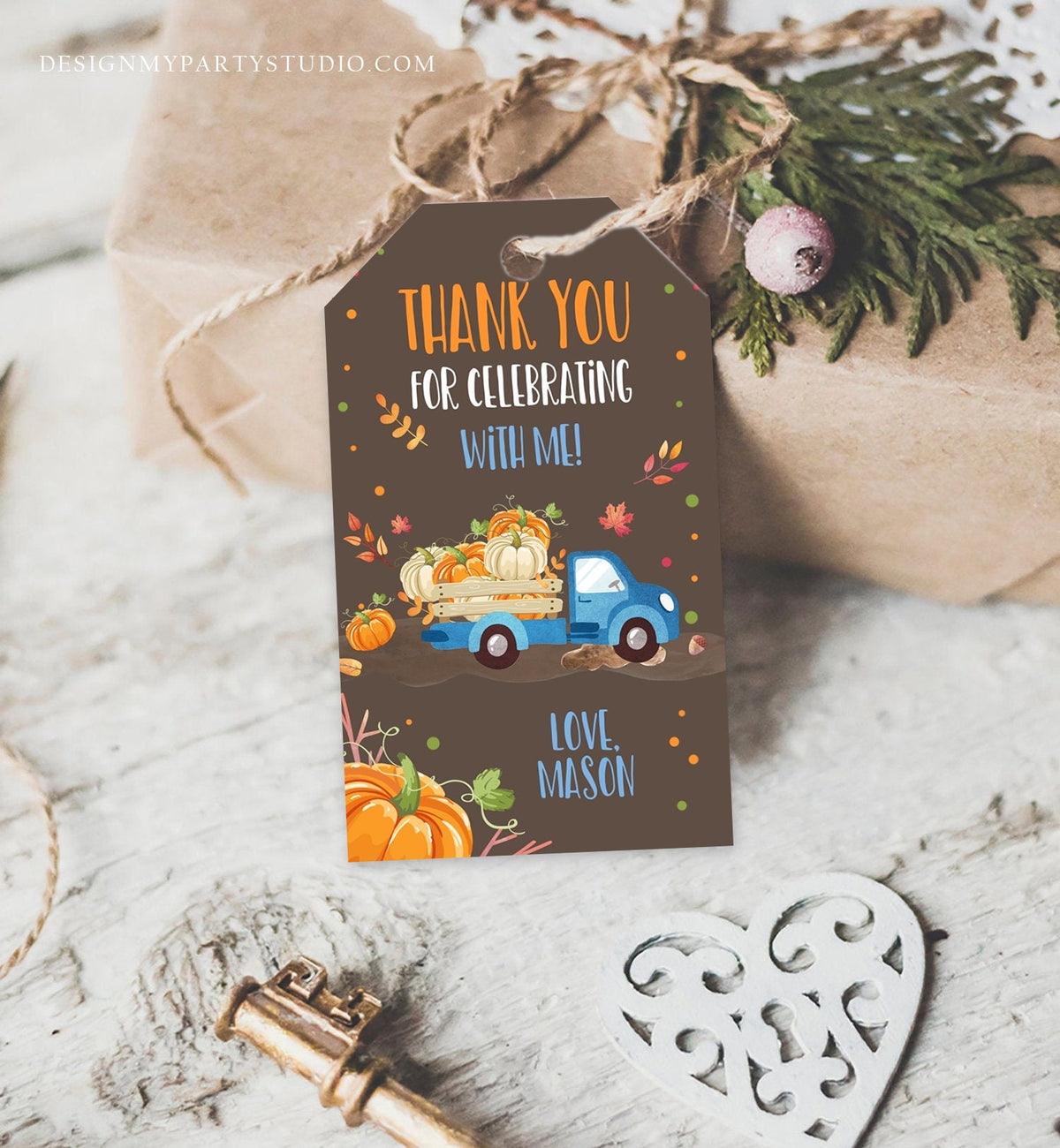 Editable Pumpkin Favor Tags Pumpkin Truck Thank you Tags Fall Autumn Label Pumpkin Birthday Boy Blue Fall Harvest Corjl Template 0153