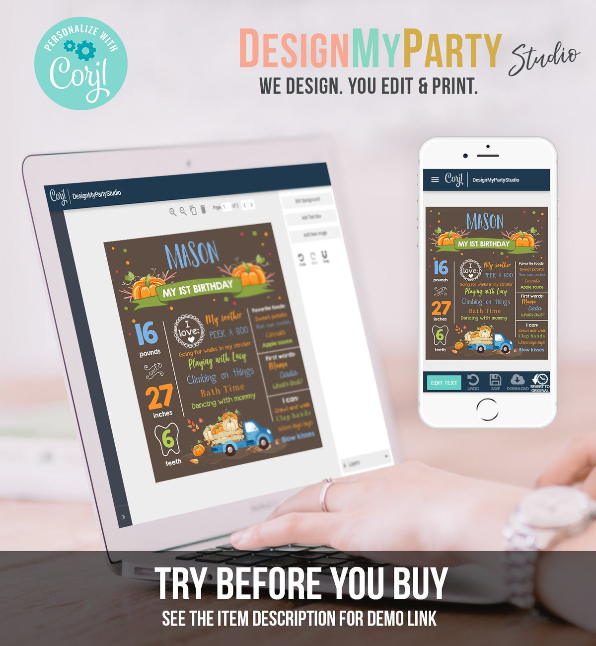 Editable Pumpkin Birthday Milestones Sign Pumpkin Truck Birthday First Birthday Boy Fall Blue Autumn Download Corjl Template Printable 0153