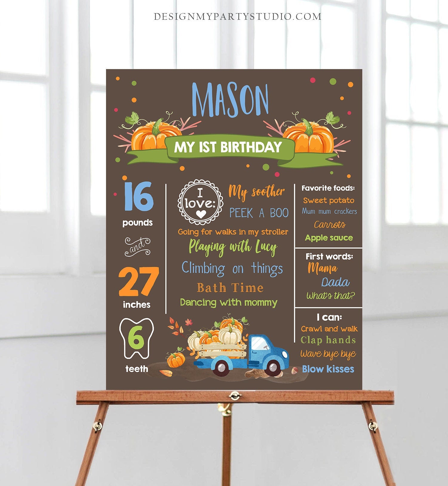 Editable Pumpkin Birthday Milestones Sign Pumpkin Truck Birthday First Birthday Boy Fall Blue Autumn Download Corjl Template Printable 0153