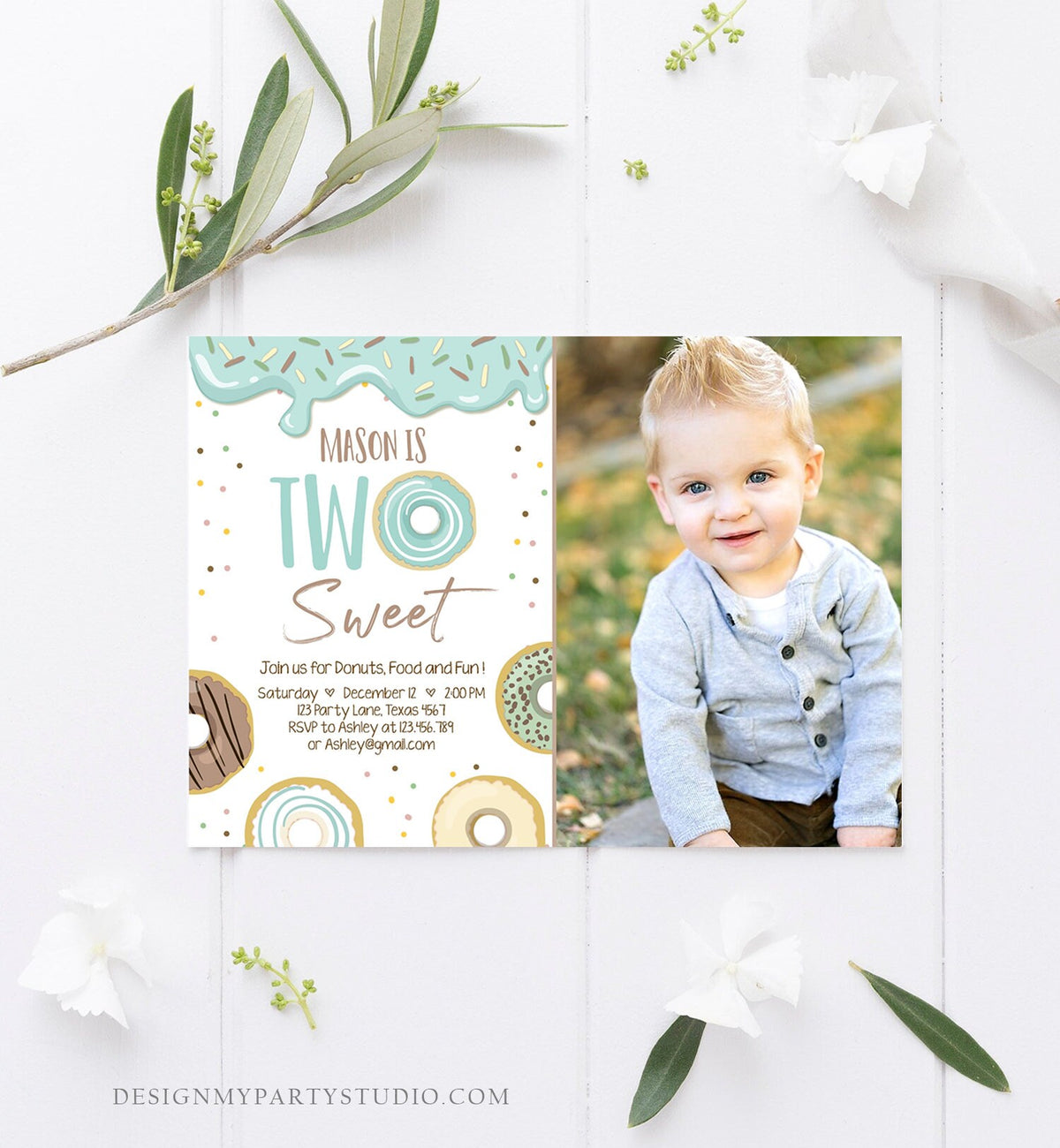 Editable Donut Two Sweet Birthday Invitation Second Birthday Party Blue Boy Doughnut 2nd Pastel Photo Download Printable Template Corjl 0050