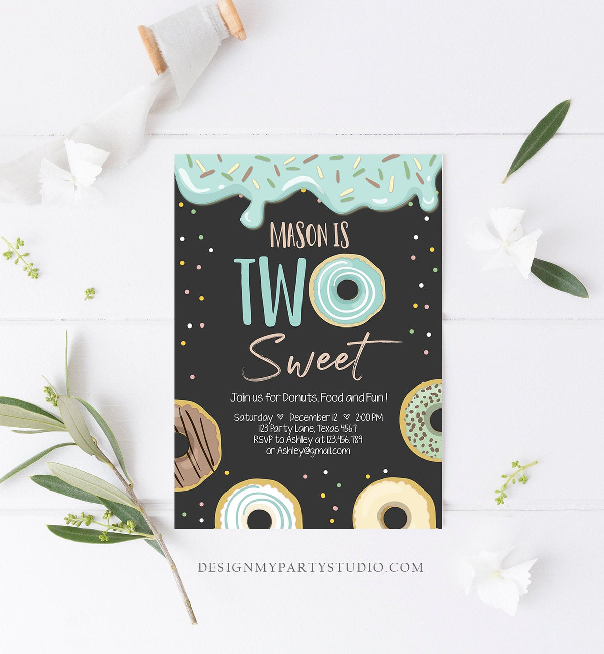 Editable Donut Two Sweet Birthday Invitation Second Birthday Party Blue Boy Doughnut 2nd Pastel Chalk Download Printable Template Corjl 0320