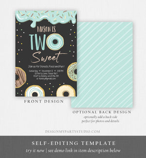 Editable Donut Two Sweet Birthday Invitation Second Birthday Party Blue Boy Doughnut 2nd Pastel Chalk Download Printable Template Corjl 0320