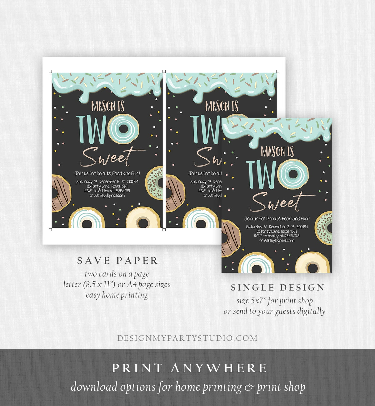 Editable Donut Two Sweet Birthday Invitation Second Birthday Party Blue Boy Doughnut 2nd Pastel Chalk Download Printable Template Corjl 0320