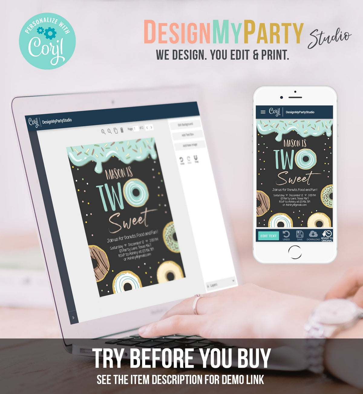 Editable Donut Two Sweet Birthday Invitation Second Birthday Party Blue Boy Doughnut 2nd Pastel Chalk Download Printable Template Corjl 0320