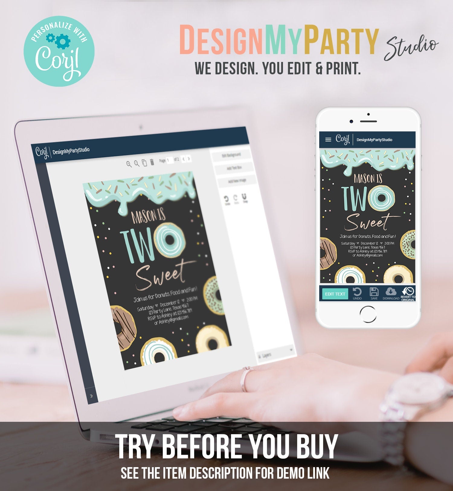 Editable Donut Two Sweet Birthday Invitation Second Birthday Party Blue Boy Doughnut 2nd Pastel Chalk Download Printable Template Corjl 0320