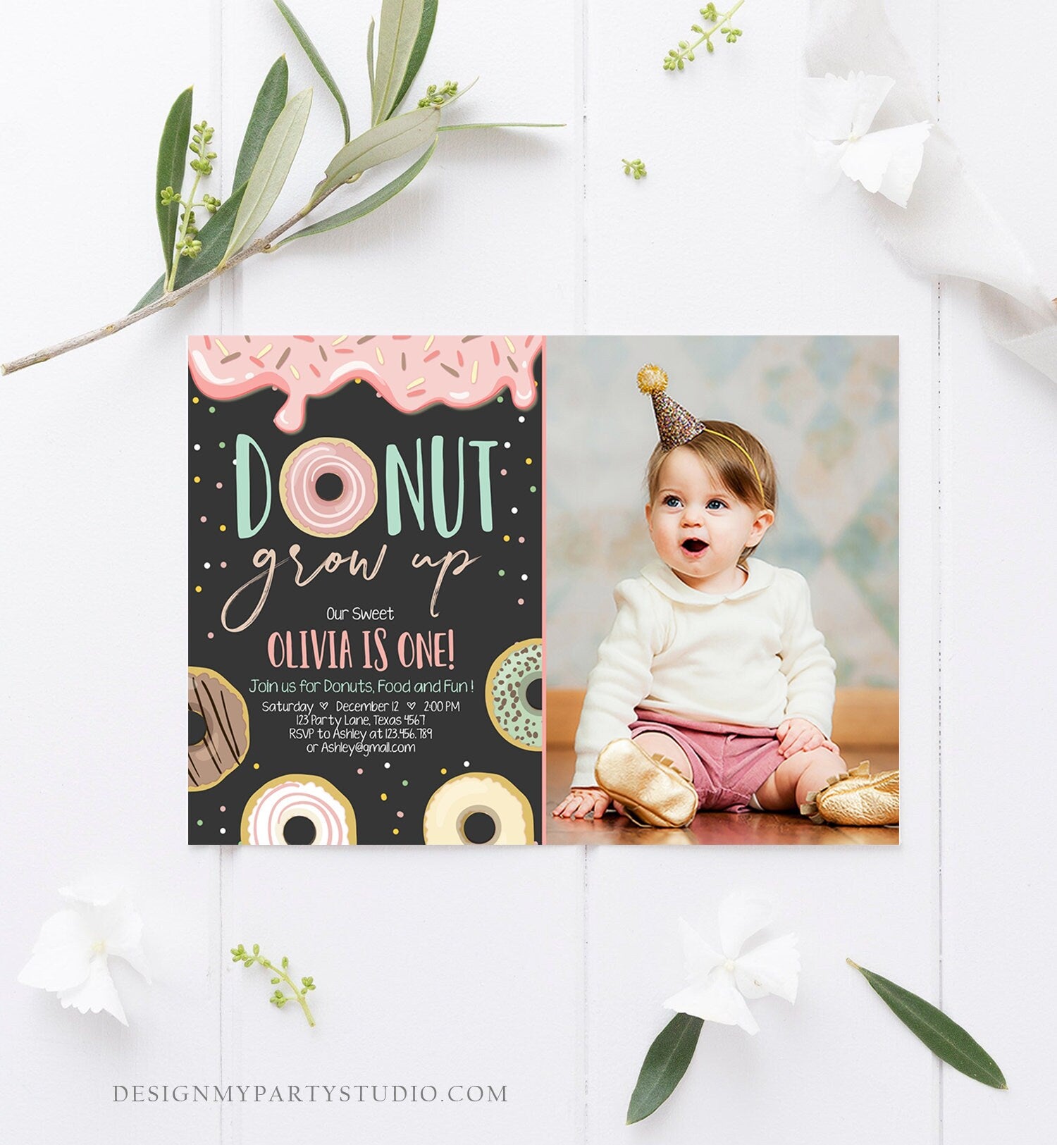 Editable Donut Grow Up Birthday Invitation First Birthday Party Pink Girl Doughnut Chalk Digital Download Printable Template Corjl 0320