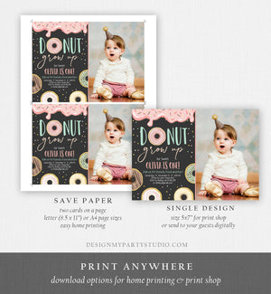 Editable Donut Grow Up Birthday Invitation First Birthday Party Pink Girl Doughnut Chalk Digital Download Printable Template Corjl 0320
