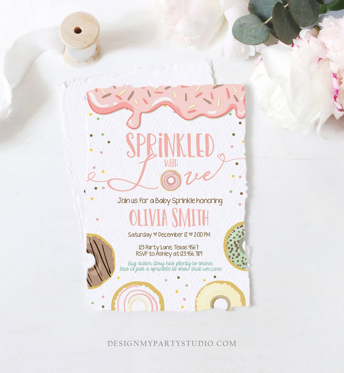 Editable Donut Sprinkled With Love Baby Shower Invitation Sprinkle Donut Diapers Coed Girl Pink Pastel Download Printable Corj Template 0320