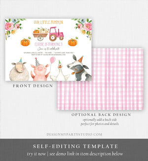 Editable Farm Birthday Invitation Pumpkin Girl Farm Animals Pink Barnyard Fall Birthday Download Printable Invitation Template Digital 0155