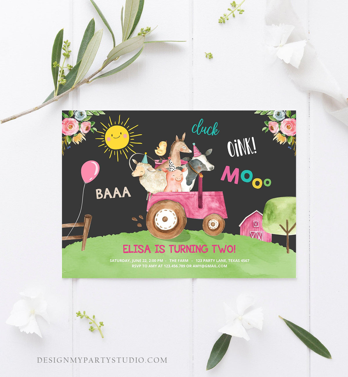 Editable Farm Birthday Invitation Girl Farm Animals Pink Floral Barnyard Party Tractor Download Printable Template Digital Corjl 0155