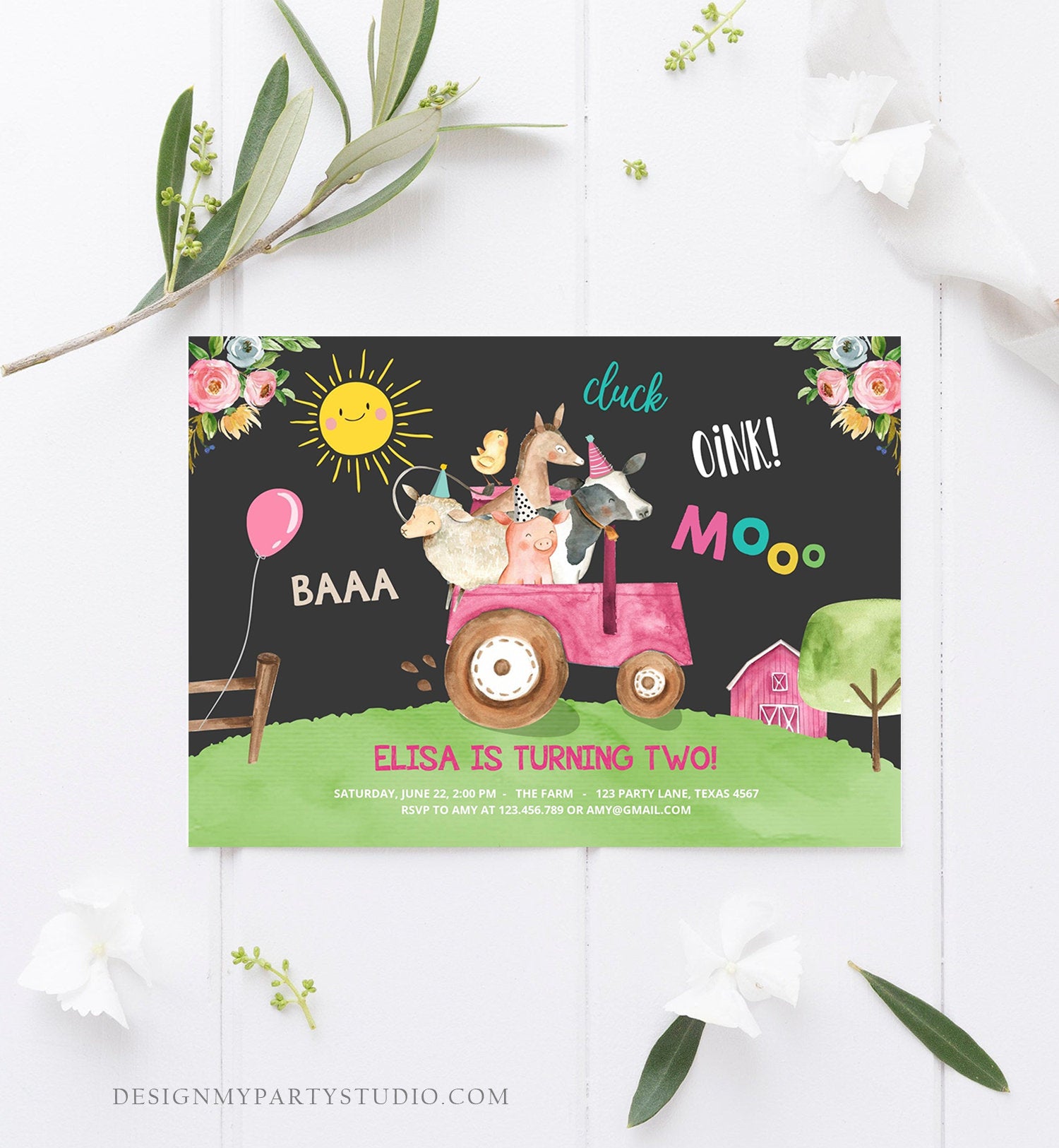 Editable Farm Birthday Invitation Girl Farm Animals Pink Floral Barnyard Party Tractor Download Printable Template Digital Corjl 0155