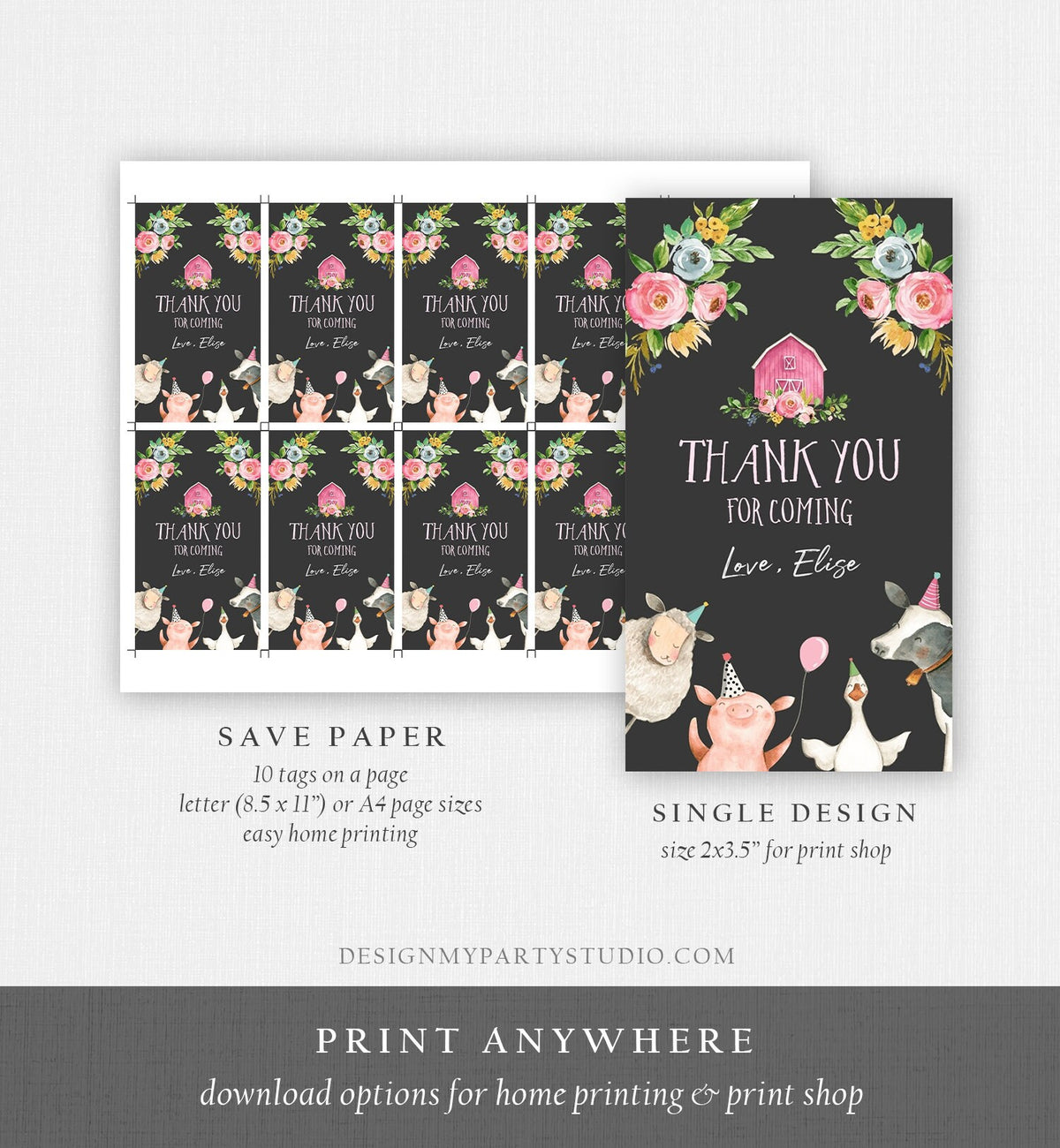 Editable Farm Favor Tags Tags Pink Farm Birthday Thank you tags Barnyard Gift Tags Girl Birthday Old McDonald Template PRINTABLE Corjl 0155